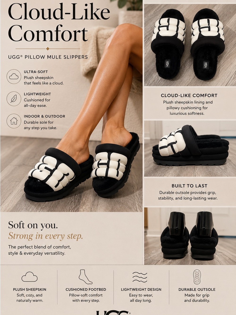 UGG Black and White Pillow Mule Slippers